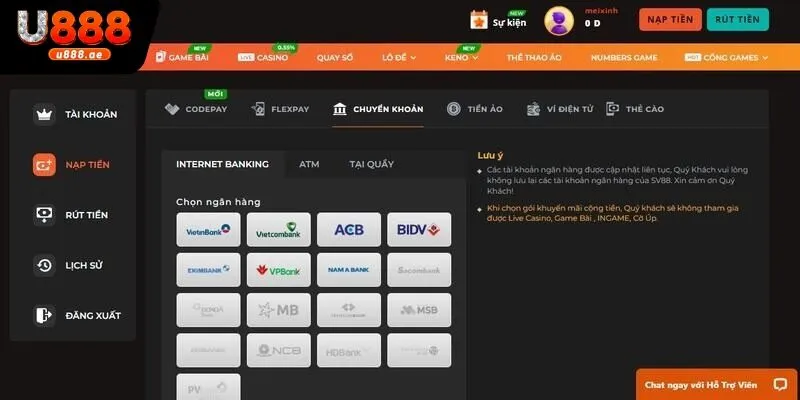 Các phương thức nạp tiền U888